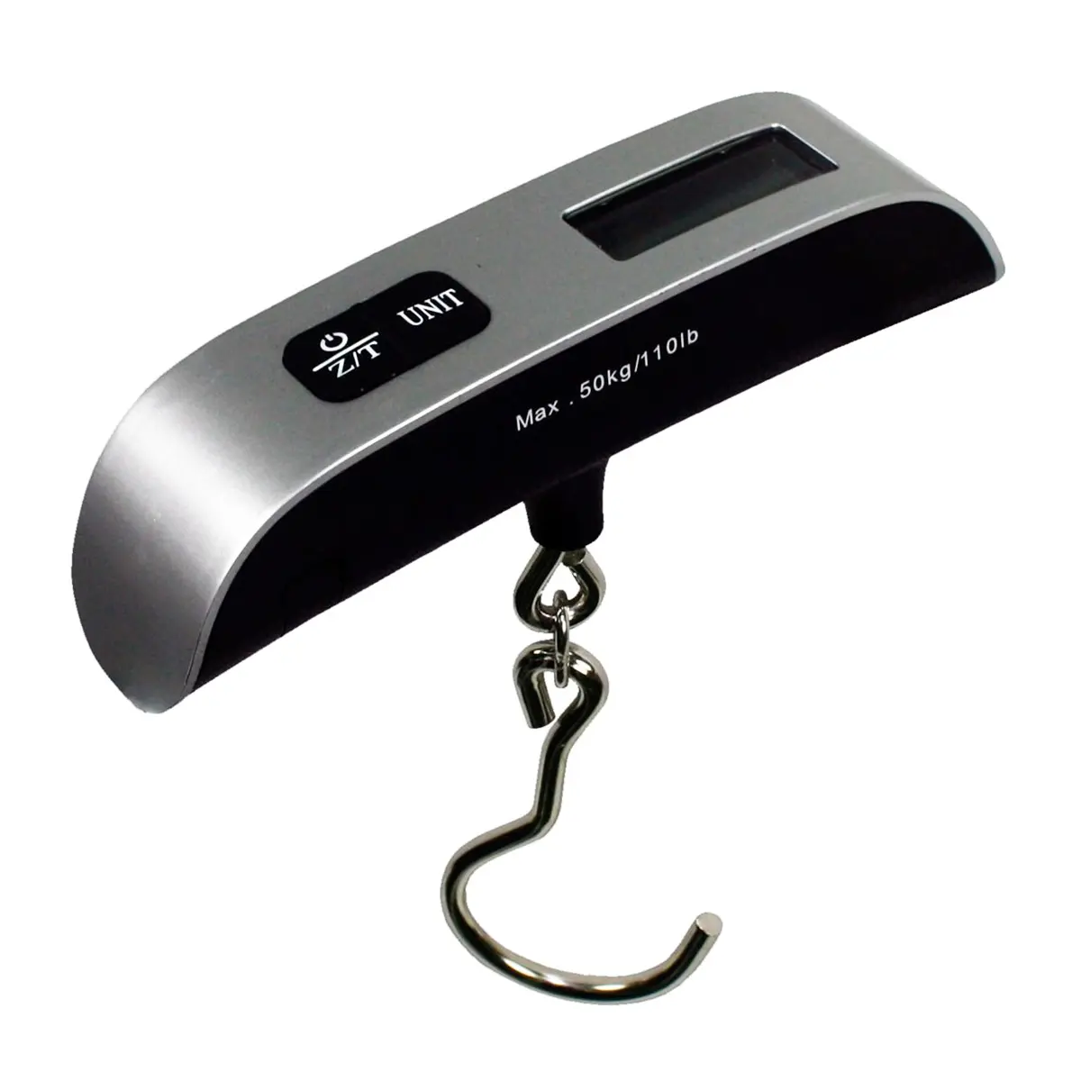 Actual silver and black Klack scale with digital display, controls and metal hook.